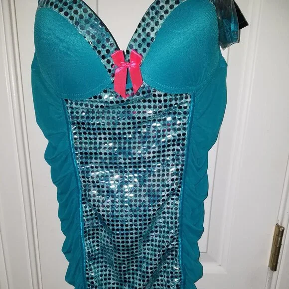 Passion Forever Bustier Embelished Slip Lingerie XL TealColor Silver Sequin NWT